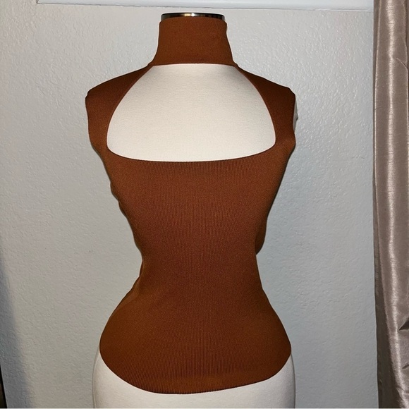 NEW ZARA Burnt Dark Orange Cut Out Choker Turtleneck Top Stretch Blouse - Picture 7 of 13